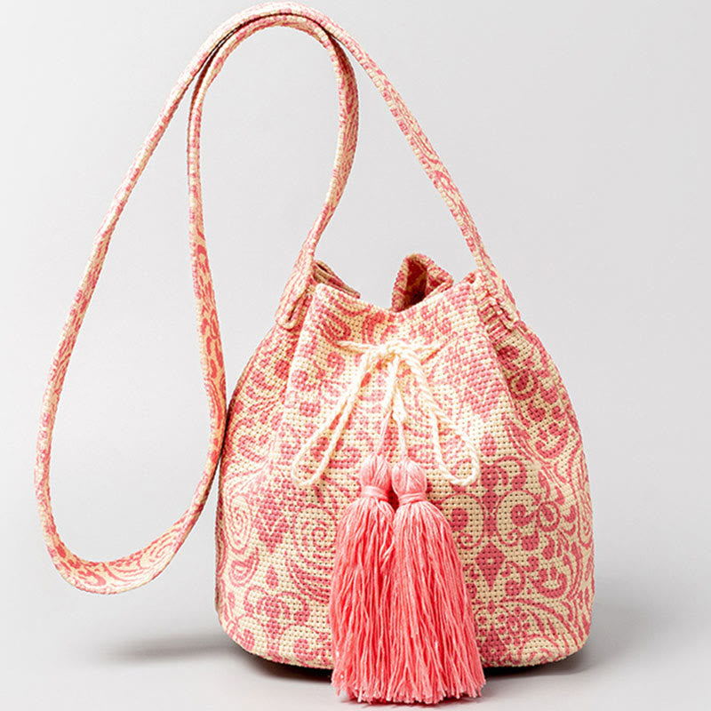 Bolso bandolera de lona con estampado de piedras de Buda, geometría colorida y flores