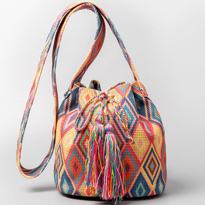 Bolso bandolera de lona con estampado de piedras de Buda, geometría colorida y flores