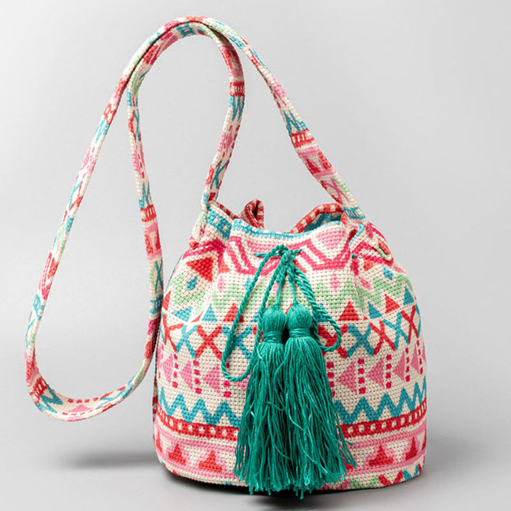 Bolso bandolera de lona con estampado de piedras de Buda, geometría colorida y flores