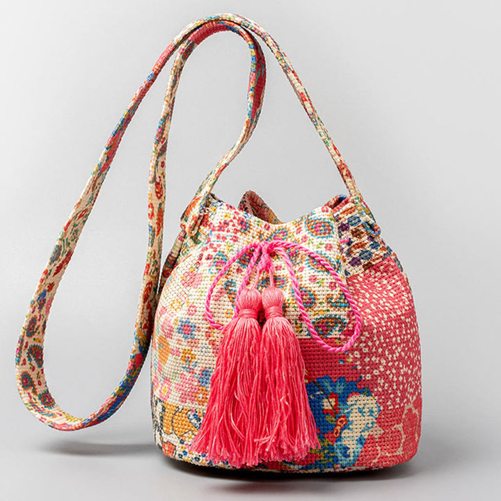 Bolso bandolera de lona con estampado de piedras de Buda, geometría colorida y flores