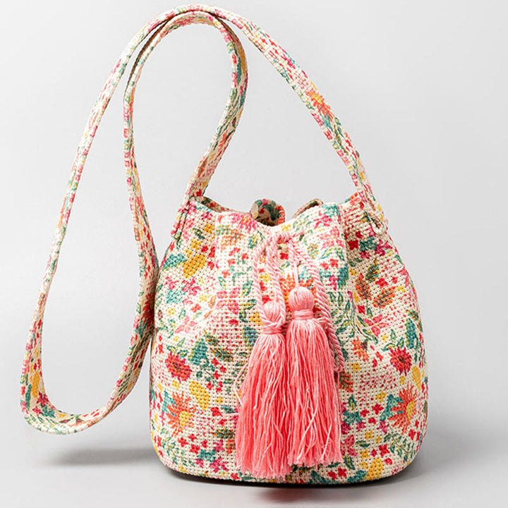Bolso bandolera de lona con estampado de piedras de Buda, geometría colorida y flores