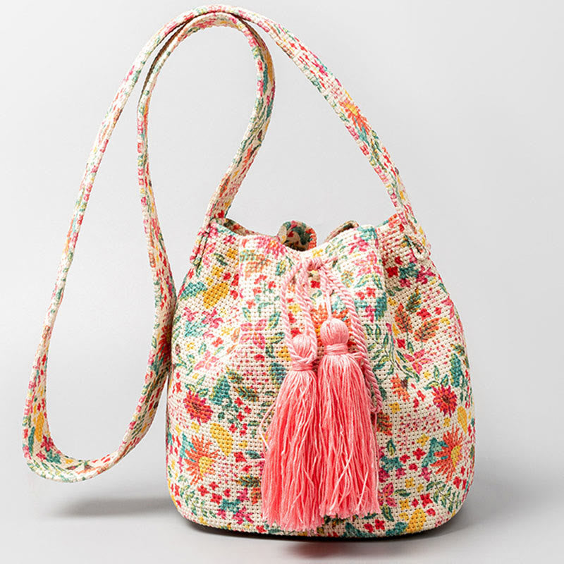 Bolso bandolera de lona con estampado de piedras de Buda, geometría colorida y flores