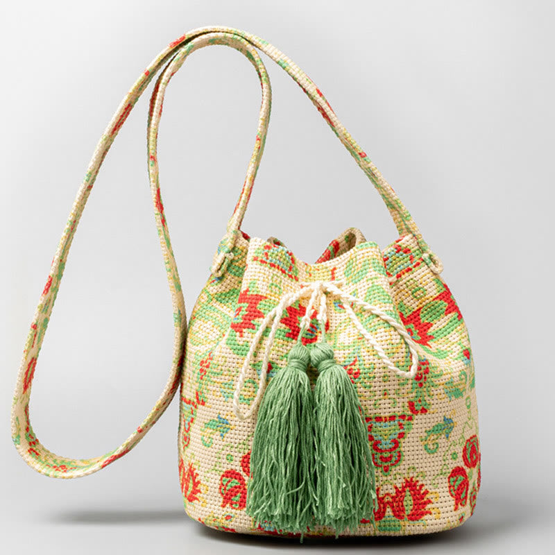 Bolso bandolera de lona con estampado de piedras de Buda, geometría colorida y flores