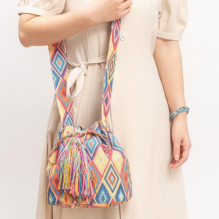 Bolso bandolera de lona con estampado de piedras de Buda, geometría colorida y flores