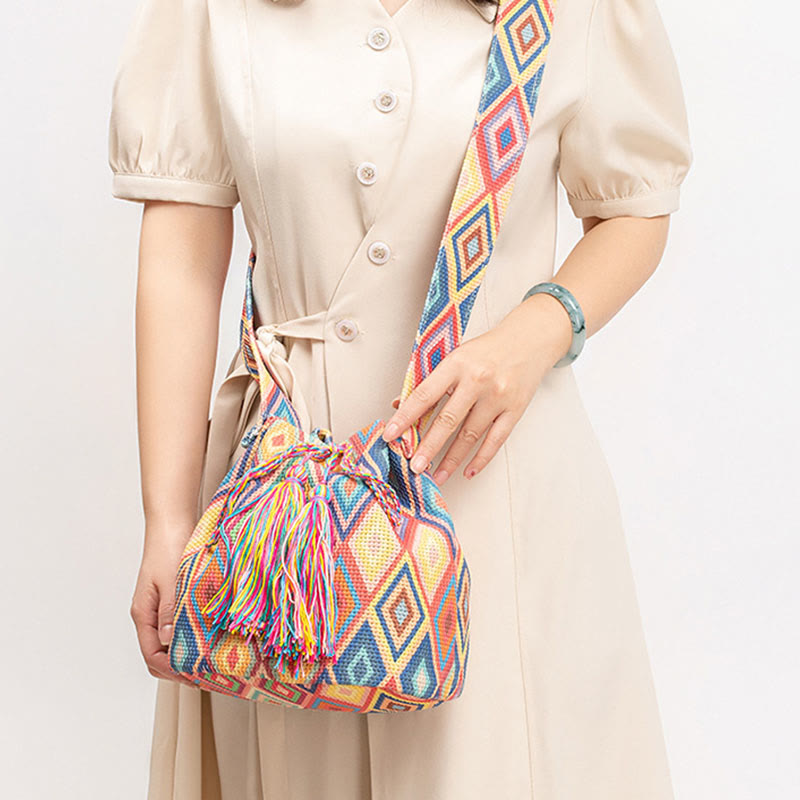 Bolso bandolera de lona con estampado de piedras de Buda, geometría colorida y flores