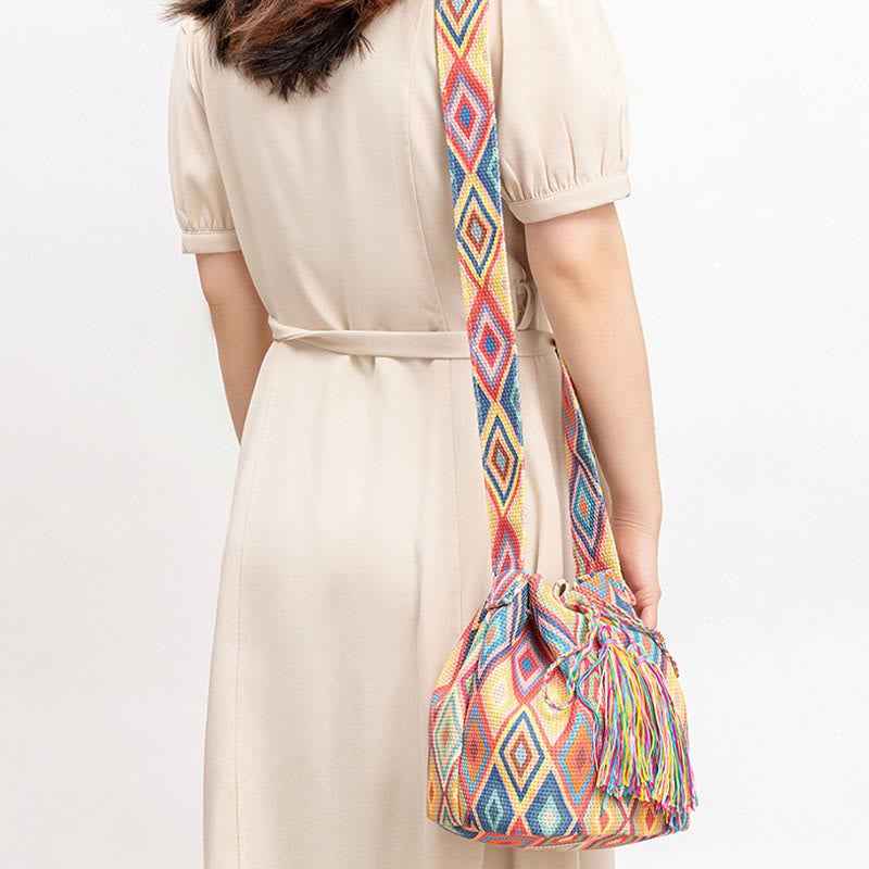 Bolso bandolera de lona con estampado de piedras de Buda, geometría colorida y flores