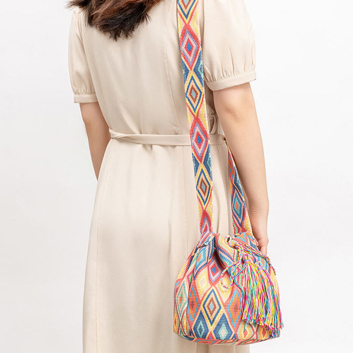 Bolso bandolera de lona con estampado de piedras de Buda, geometría colorida y flores