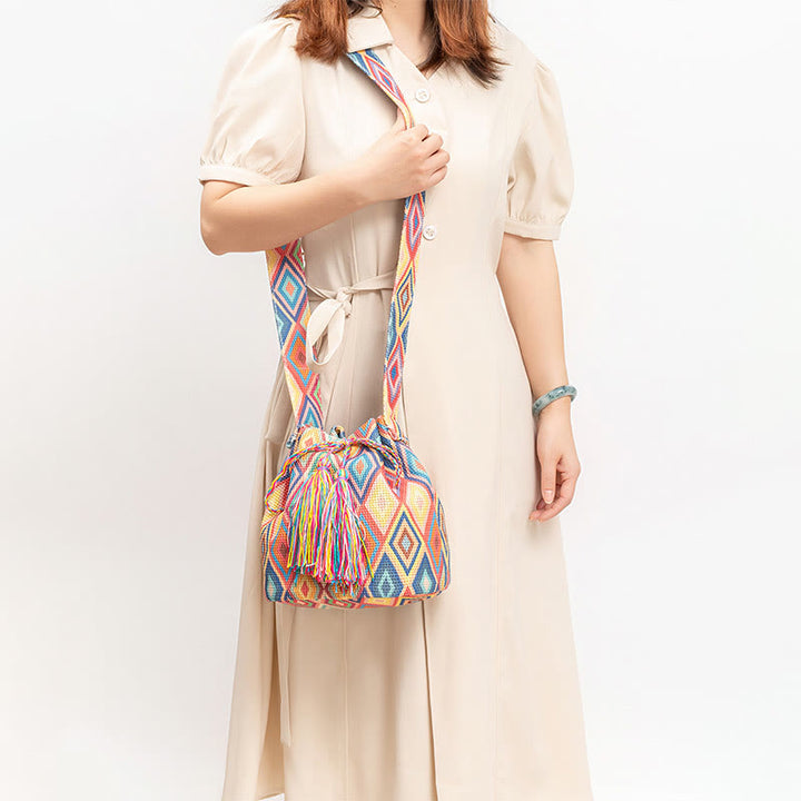 Bolso bandolera de lona con estampado de piedras de Buda, geometría colorida y flores