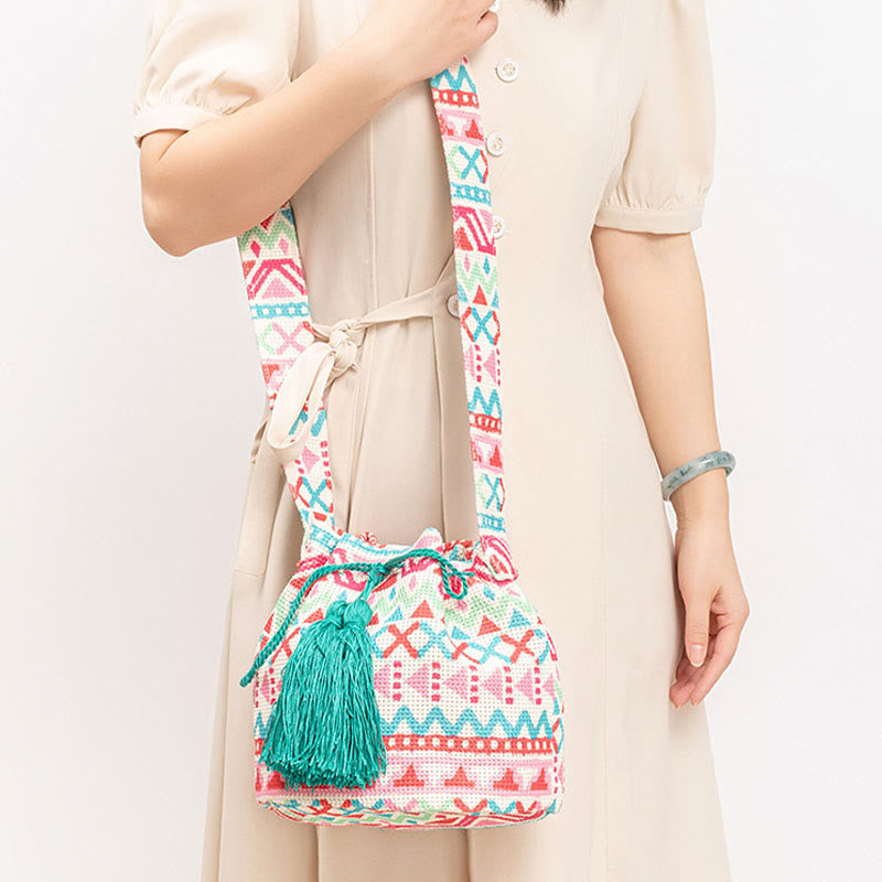 Bolso bandolera de lona con estampado de piedras de Buda, geometría colorida y flores