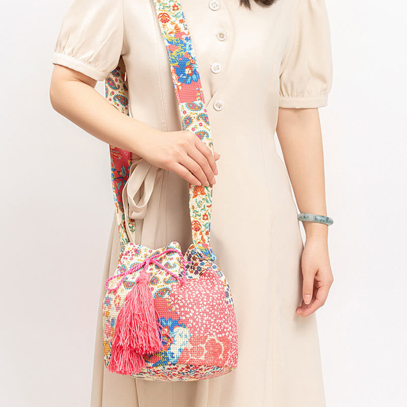 Bolso bandolera de lona con estampado de piedras de Buda, geometría colorida y flores