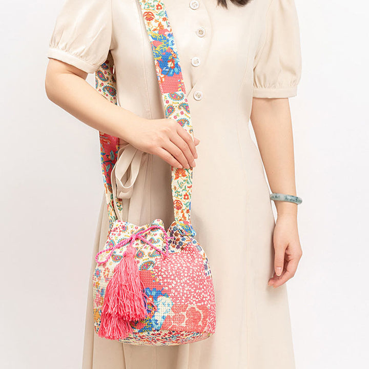 Bolso bandolera de lona con estampado de piedras de Buda, geometría colorida y flores