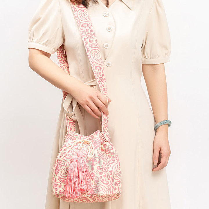 Bolso bandolera de lona con estampado de piedras de Buda, geometría colorida y flores