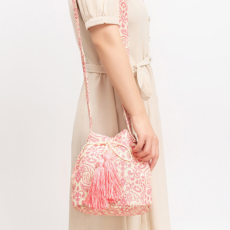 Bolso bandolera de lona con estampado de piedras de Buda, geometría colorida y flores