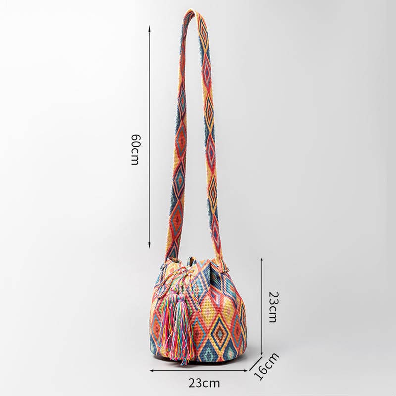 Bolso bandolera de lona con estampado de piedras de Buda, geometría colorida y flores
