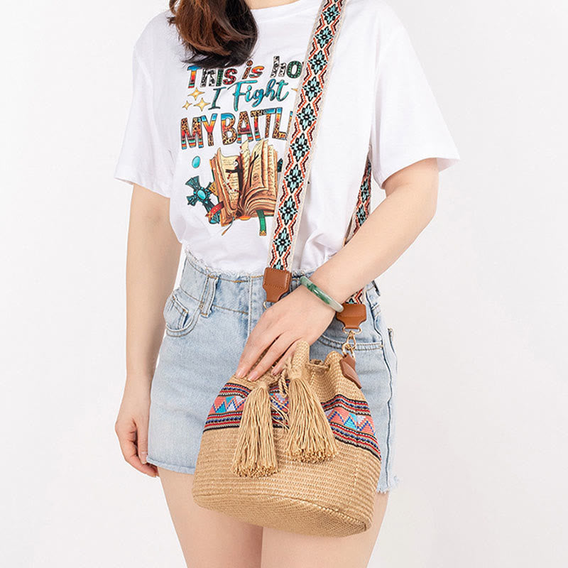 Bolso cruzado con borlas geométrico de playa con piedras de Buda, tejido de paja, bolso de hombro