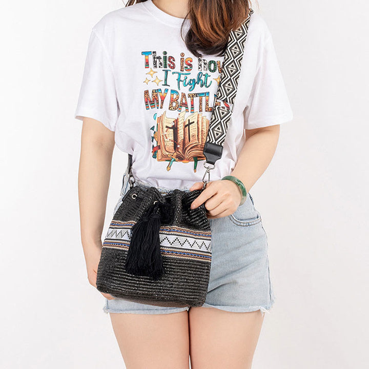 Bolso cruzado con borlas geométrico de playa con piedras de Buda, tejido de paja, bolso de hombro