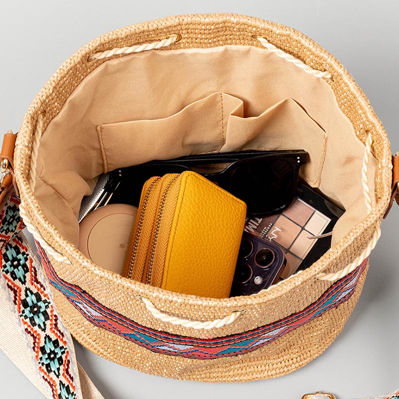 Bolso cruzado con borlas geométrico de playa con piedras de Buda, tejido de paja, bolso de hombro