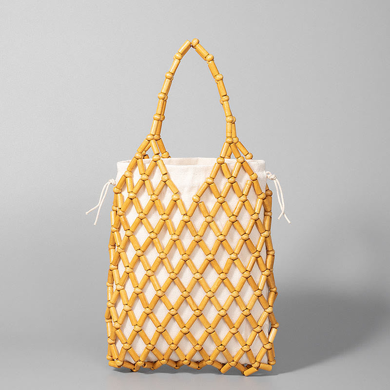 Bolsa de mano de cuentas de madera huecas tejidas a mano con piedras de Buda