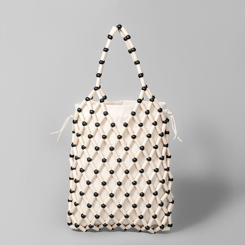 Bolsa de mano de cuentas de madera huecas tejidas a mano con piedras de Buda