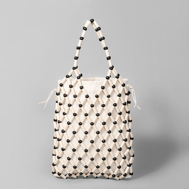 Bolsa de mano de cuentas de madera huecas tejidas a mano con piedras de Buda