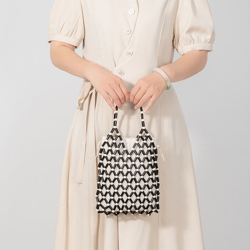 Bolsa de mano de cuentas de madera huecas tejidas a mano con piedras de Buda