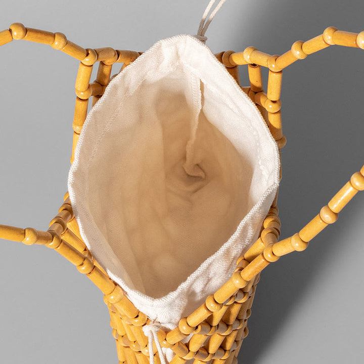 Bolsa de mano de cuentas de madera huecas tejidas a mano con piedras de Buda