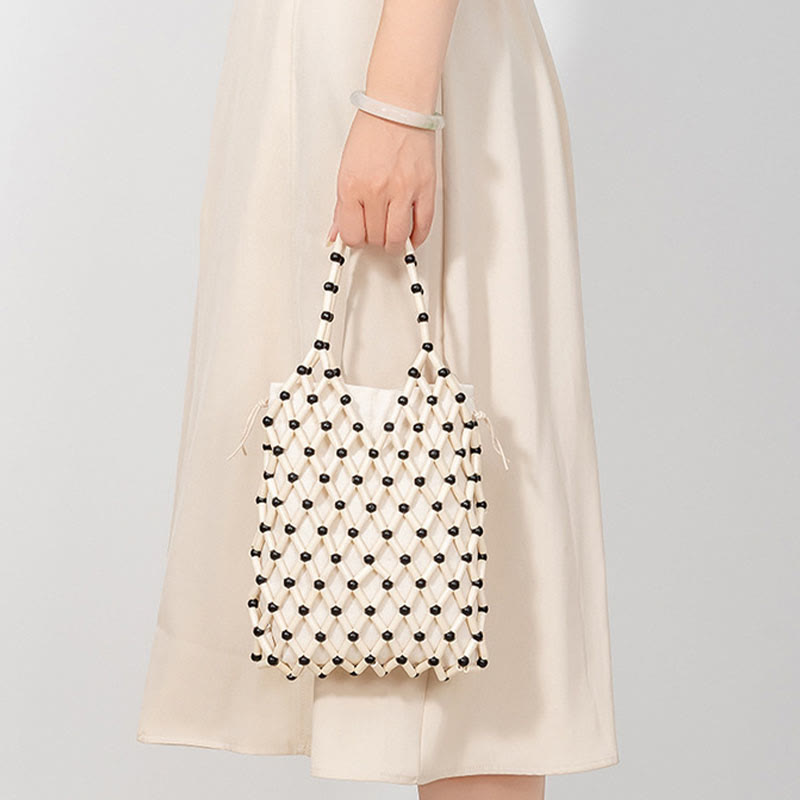 Bolsa de mano de cuentas de madera huecas tejidas a mano con piedras de Buda