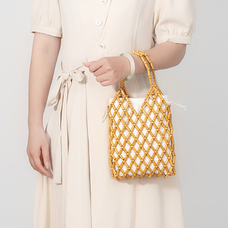 Bolsa de mano de cuentas de madera huecas tejidas a mano con piedras de Buda