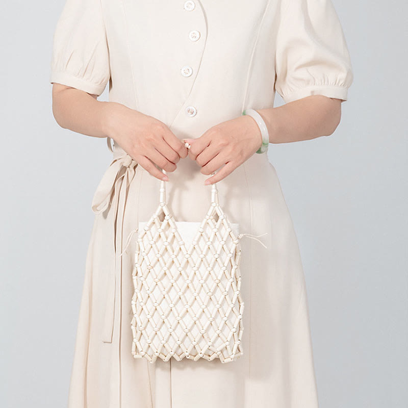 Bolsa de mano de cuentas de madera huecas tejidas a mano con piedras de Buda