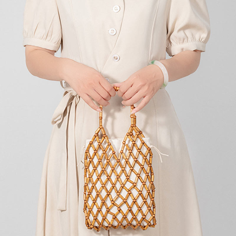 Bolsa de mano de cuentas de madera huecas tejidas a mano con piedras de Buda