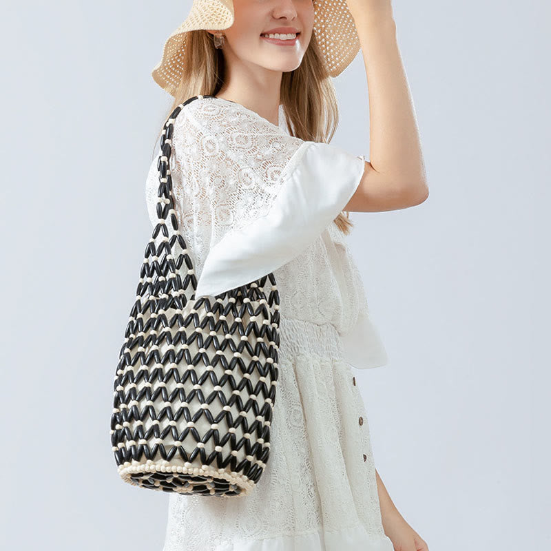 Bolso de hombro con cuentas de madera tejidas a mano de piedras de Buda