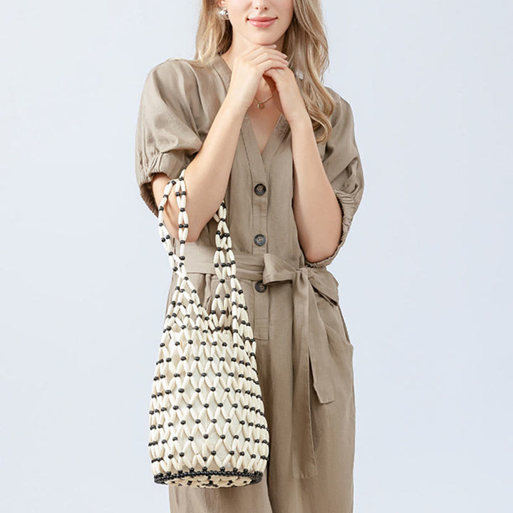 Bolso de hombro con cuentas de madera tejidas a mano de piedras de Buda