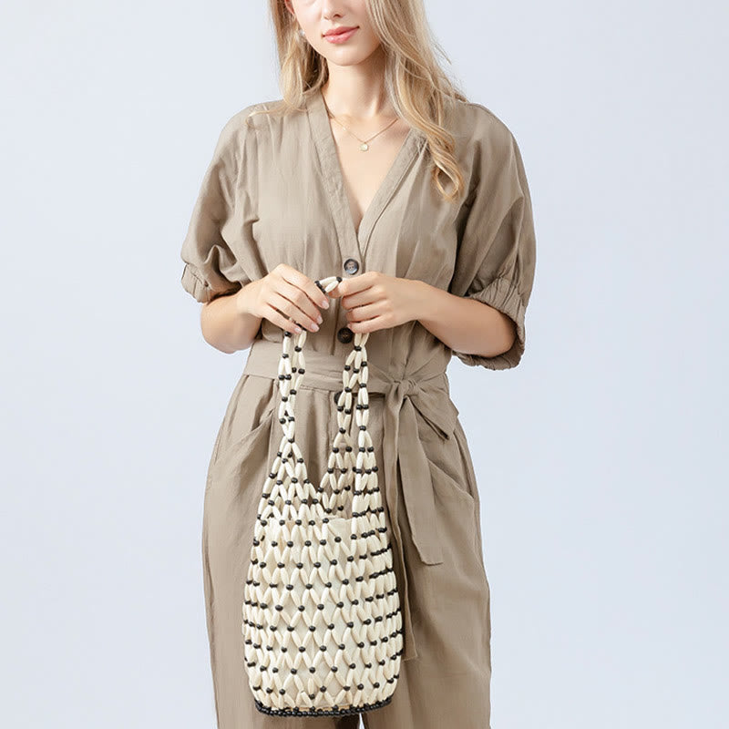 Bolso de hombro con cuentas de madera tejidas a mano de piedras de Buda