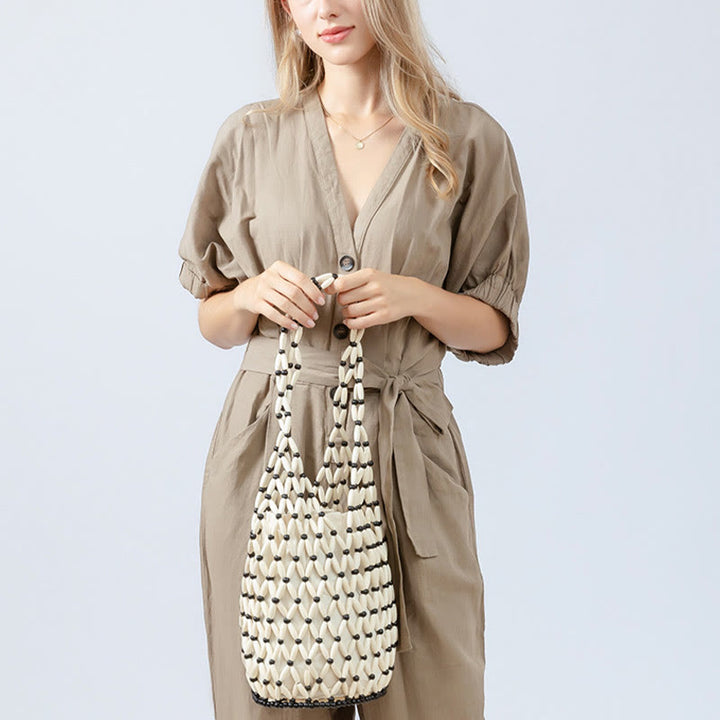 Bolso de hombro con cuentas de madera tejidas a mano de piedras de Buda