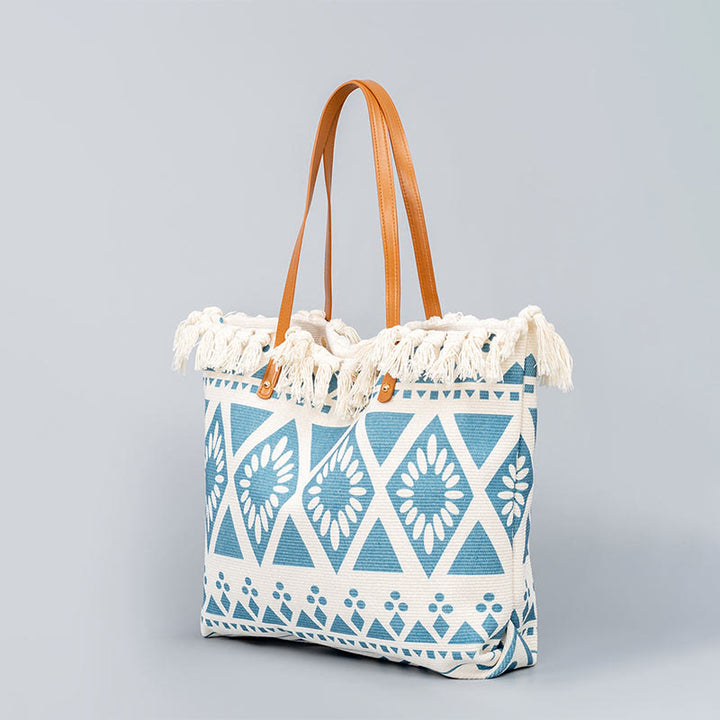 Bolso tote de lona con capacidad grande, impresión geométrica boho y borlas de piedras Buda