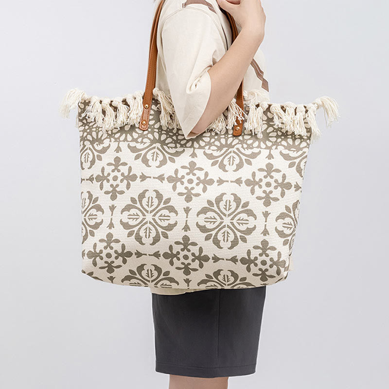 Bolso tote de lona con capacidad grande, impresión geométrica boho y borlas de piedras Buda