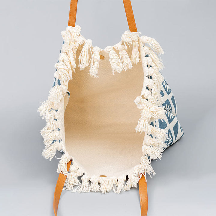 Bolso tote de lona con capacidad grande, impresión geométrica boho y borlas de piedras Buda