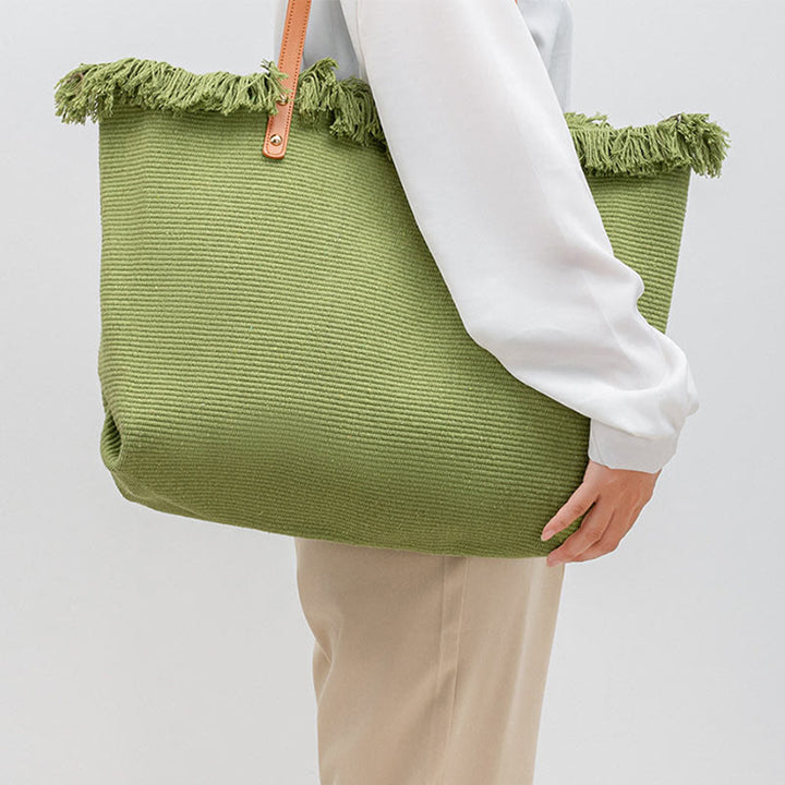 Bolsa de hombro de lona con borlas de gran capacidad y color sólido Buddha Stones