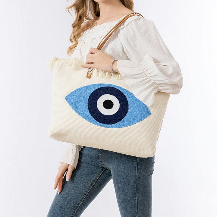 Buddha Stones Gran Capacidad Ojo Turco Hoja Hamsa Borla Lona Tote Bolso de Hombro