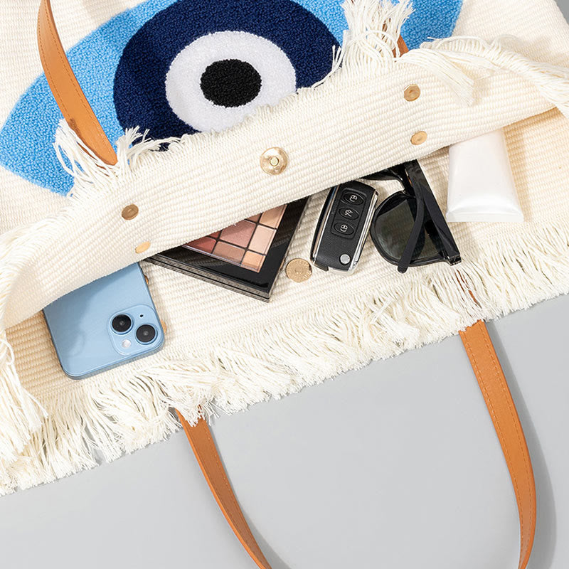 Buddha Stones Gran Capacidad Ojo Turco Hoja Hamsa Borla Lona Tote Bolso de Hombro