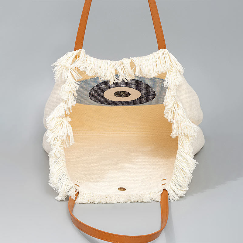 Buddha Stones Gran Capacidad Ojo Turco Hoja Hamsa Borla Lona Tote Bolso de Hombro