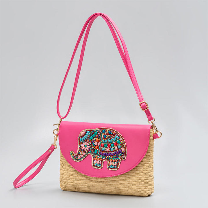 Bolso cruzado de paja con piedras de Buda, hamsa, elefante y flor, bolso de hombro, bolso de mano