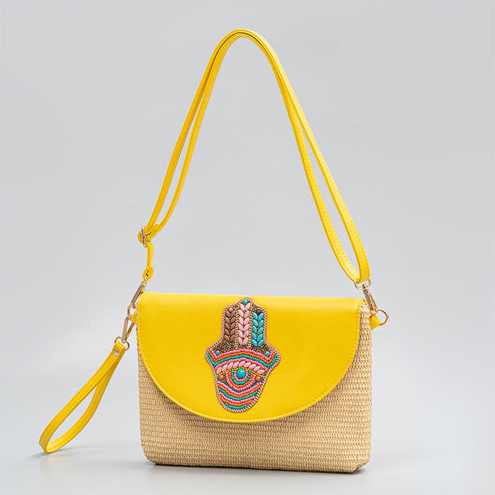 Bolso cruzado de paja con piedras de Buda, hamsa, elefante y flor, bolso de hombro, bolso de mano