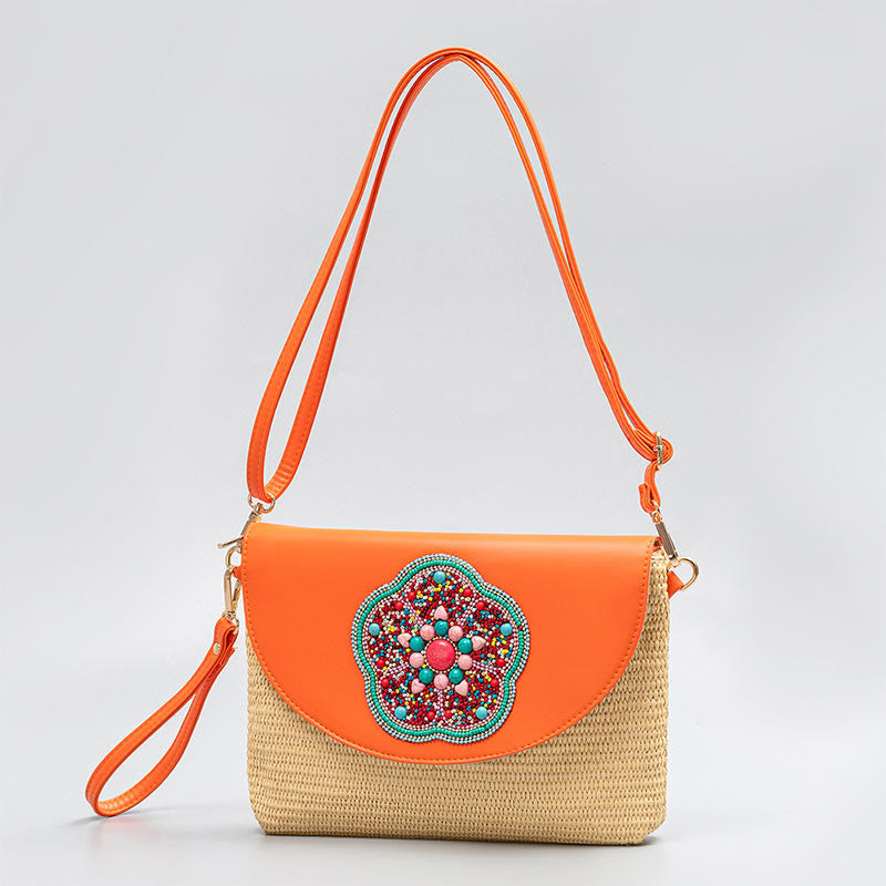 Bolso cruzado de paja con piedras de Buda, hamsa, elefante y flor, bolso de hombro, bolso de mano