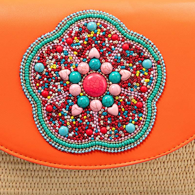 Bolso cruzado de paja con piedras de Buda, hamsa, elefante y flor, bolso de hombro, bolso de mano
