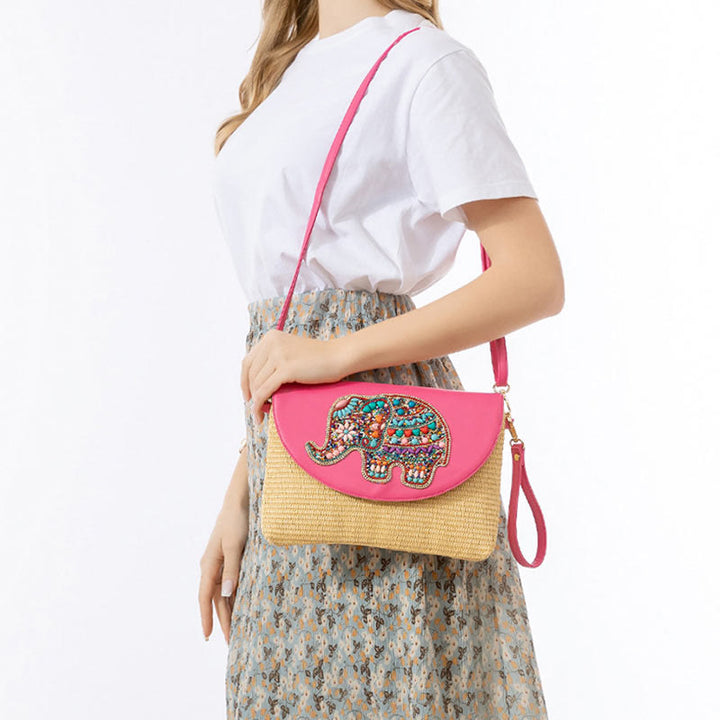 Bolso cruzado de paja con piedras de Buda, hamsa, elefante y flor, bolso de hombro, bolso de mano