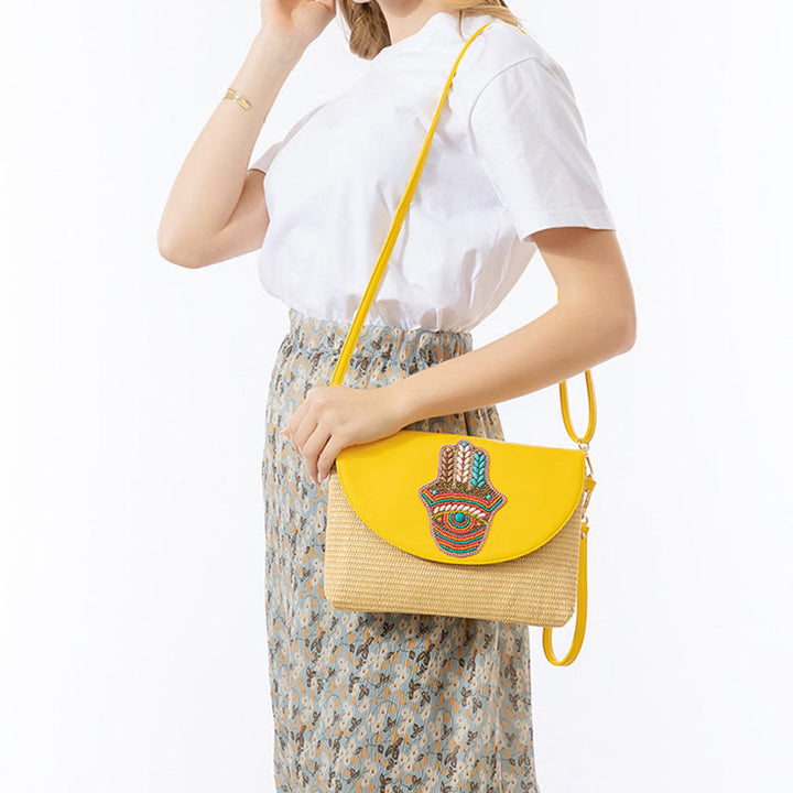 Bolso cruzado de paja con piedras de Buda, hamsa, elefante y flor, bolso de hombro, bolso de mano