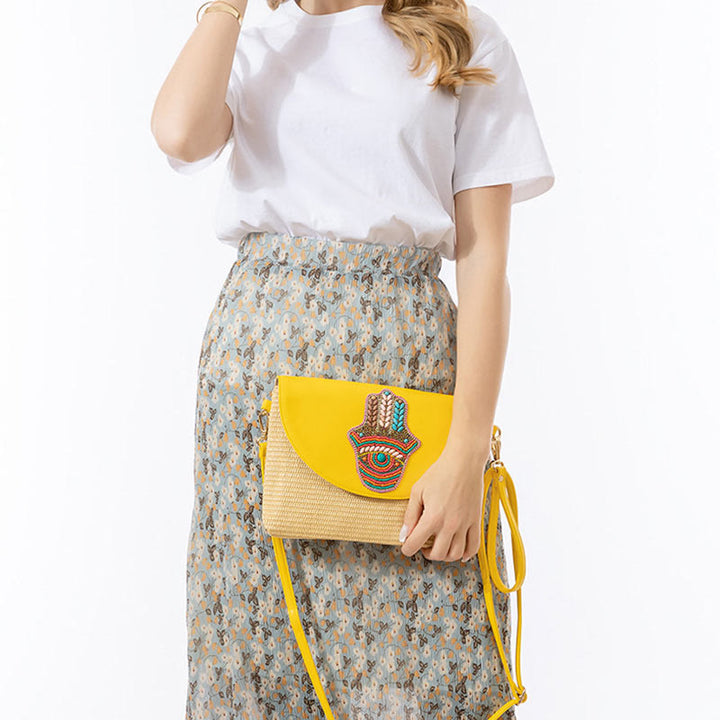 Bolso cruzado de paja con piedras de Buda, hamsa, elefante y flor, bolso de hombro, bolso de mano