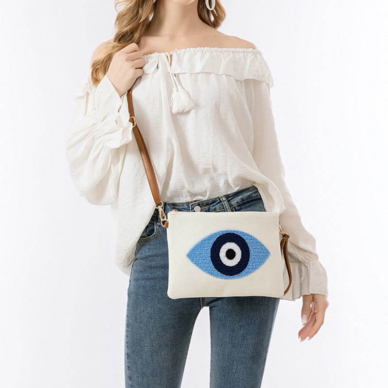 Bolso bandolera de lona de Hamsa con hojas del ojo malo y piedras de Buda