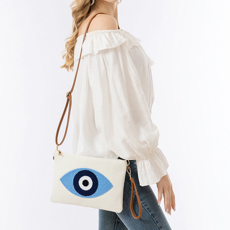 Bolso bandolera de lona de Hamsa con hojas del ojo malo y piedras de Buda